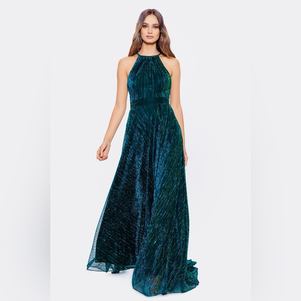 BETSY ADAM MILA" LONG HALTER METALLIC DRESS SIZE 12